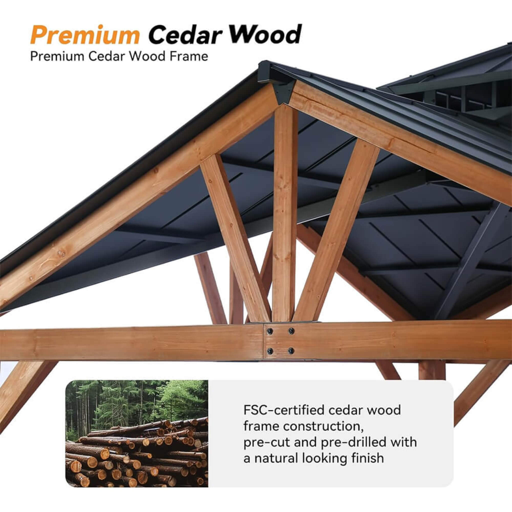 Alora 12x12 FT Premium Hardtop Gazebo – Cedar Wood Outdoor Patio Shelter with Steel Roof