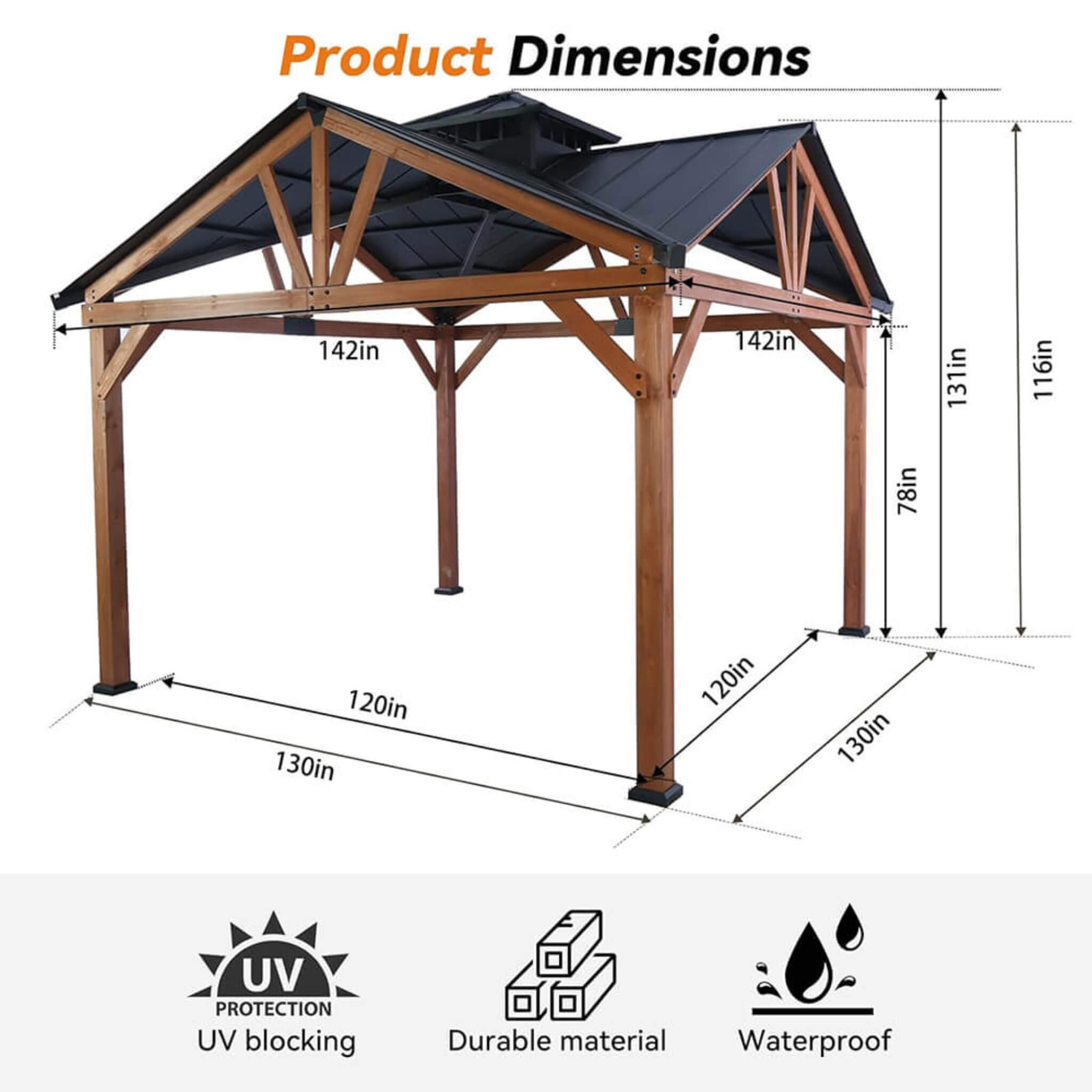Alora 12x12 FT Premium Hardtop Gazebo – Cedar Wood Outdoor Patio Shelter with Steel Roof