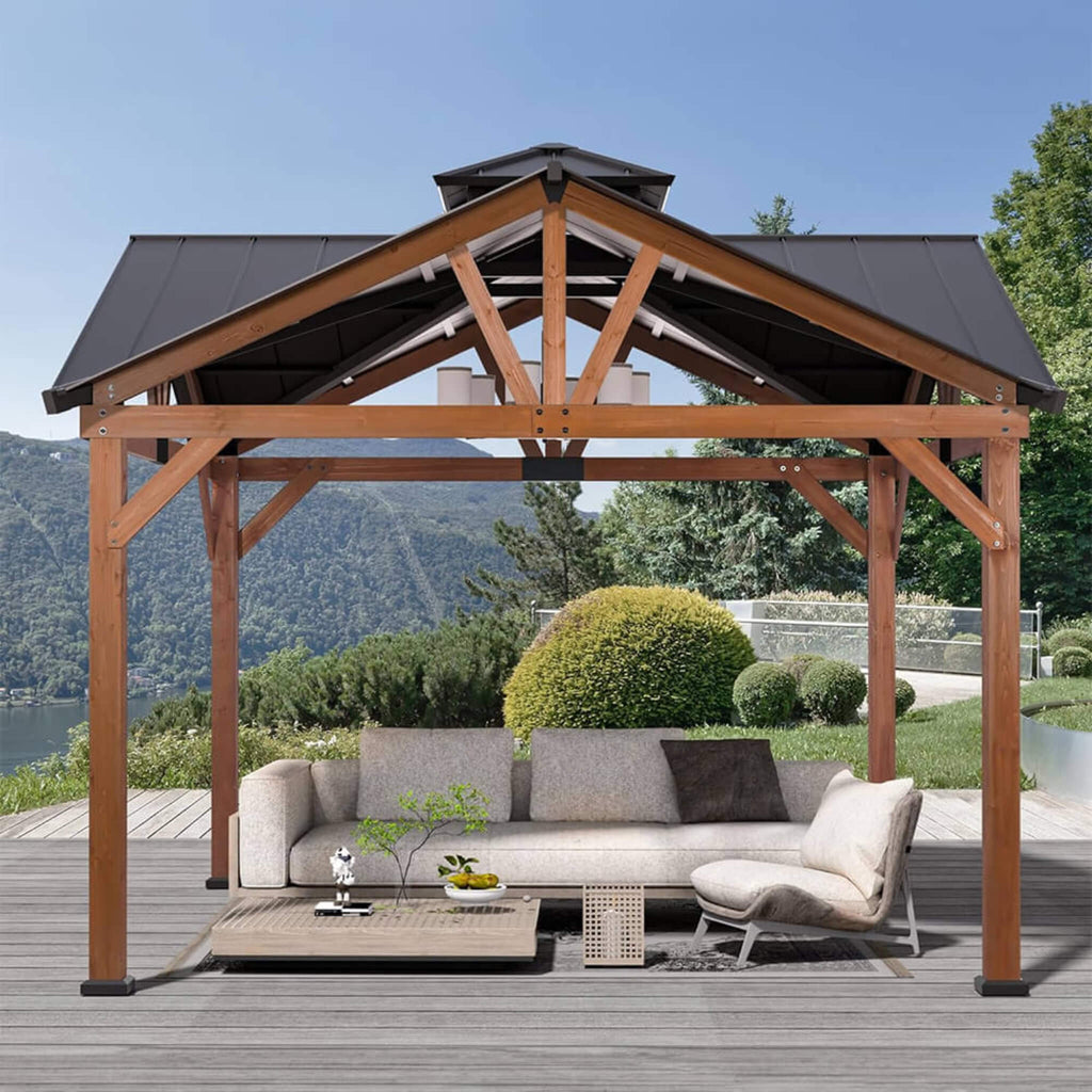 Alora 12x12 FT Premium Hardtop Gazebo – Cedar Wood Outdoor Patio Shelter with Steel Roof
