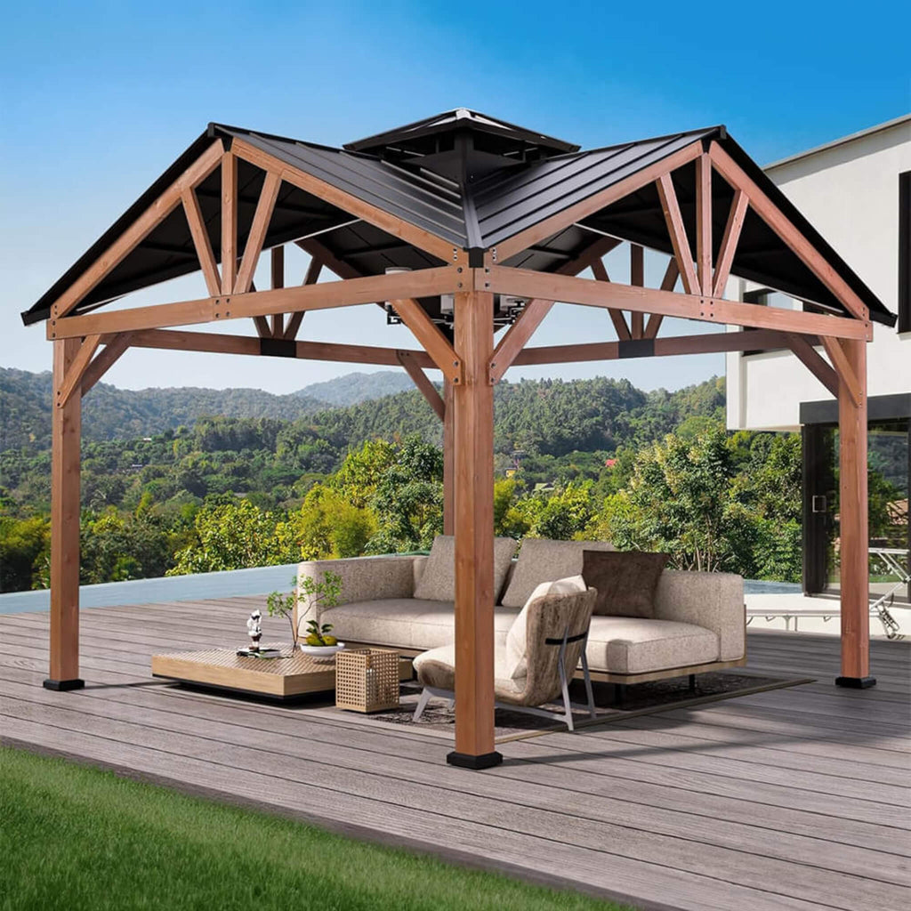 Alora 12x12 FT Premium Hardtop Gazebo – Cedar Wood Outdoor Patio Shelter with Steel Roof