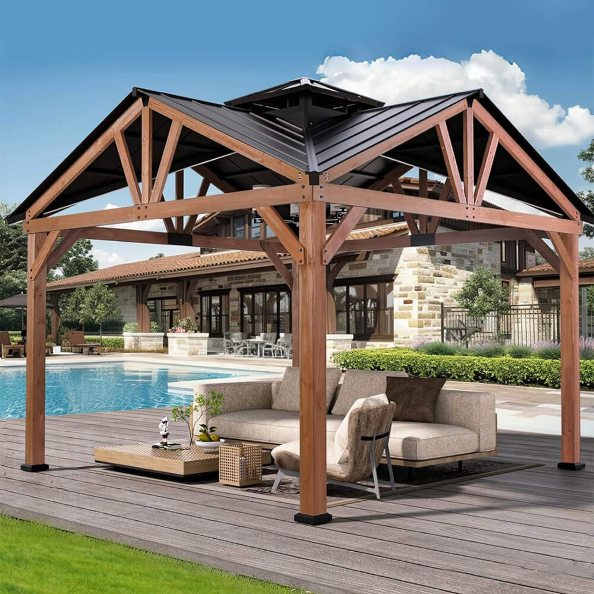 Alora 12x12 FT Premium Hardtop Gazebo – Cedar Wood Outdoor Patio Shelter with Steel Roof