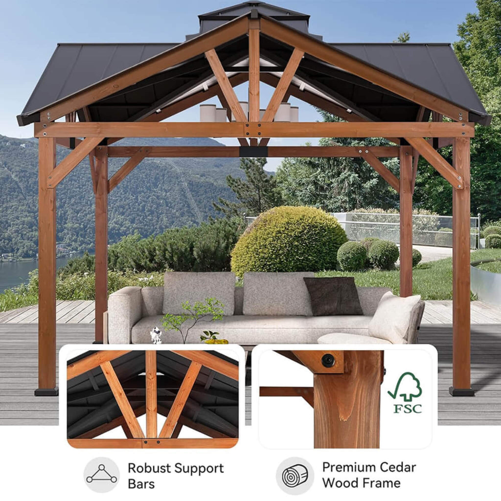 Alora 12x12 FT Premium Hardtop Gazebo – Cedar Wood Outdoor Patio Shelter with Steel Roof