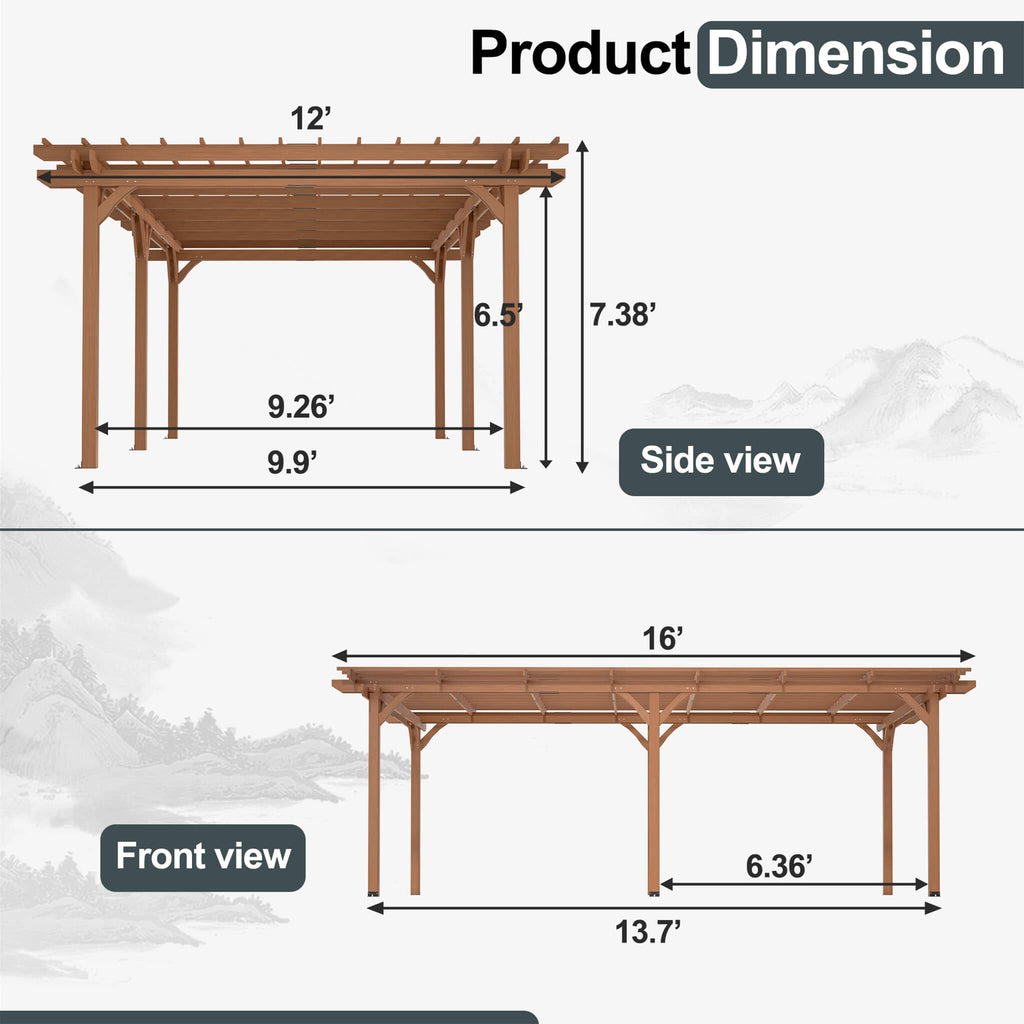 Alora 12x16 FT Outdoor Wooden Pergola Gazebo – Waterproof Grape Arbor for Garden & Patio