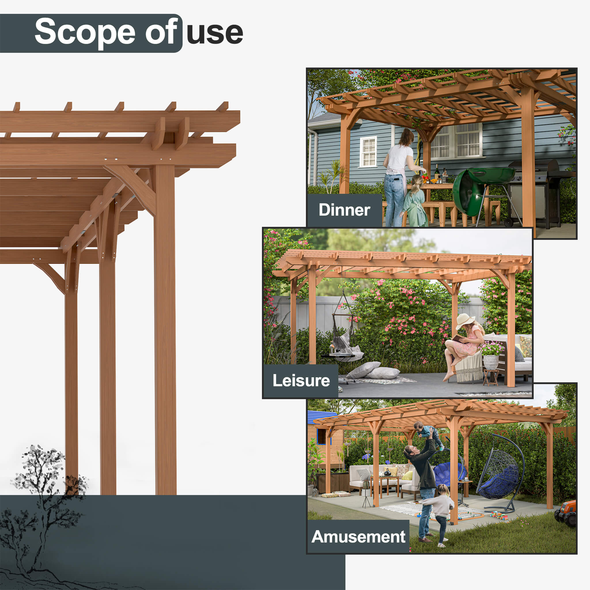 Alora 12x16 FT Outdoor Wooden Pergola Gazebo – Waterproof Grape Arbor for Garden & Patio