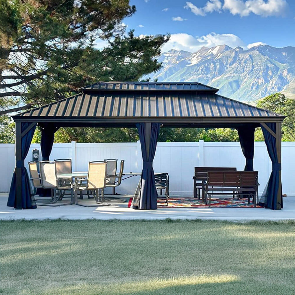 12x20 FT Heavy-Duty Gazebo – Hardtop Outdoor Shelter with Curtains & Netting