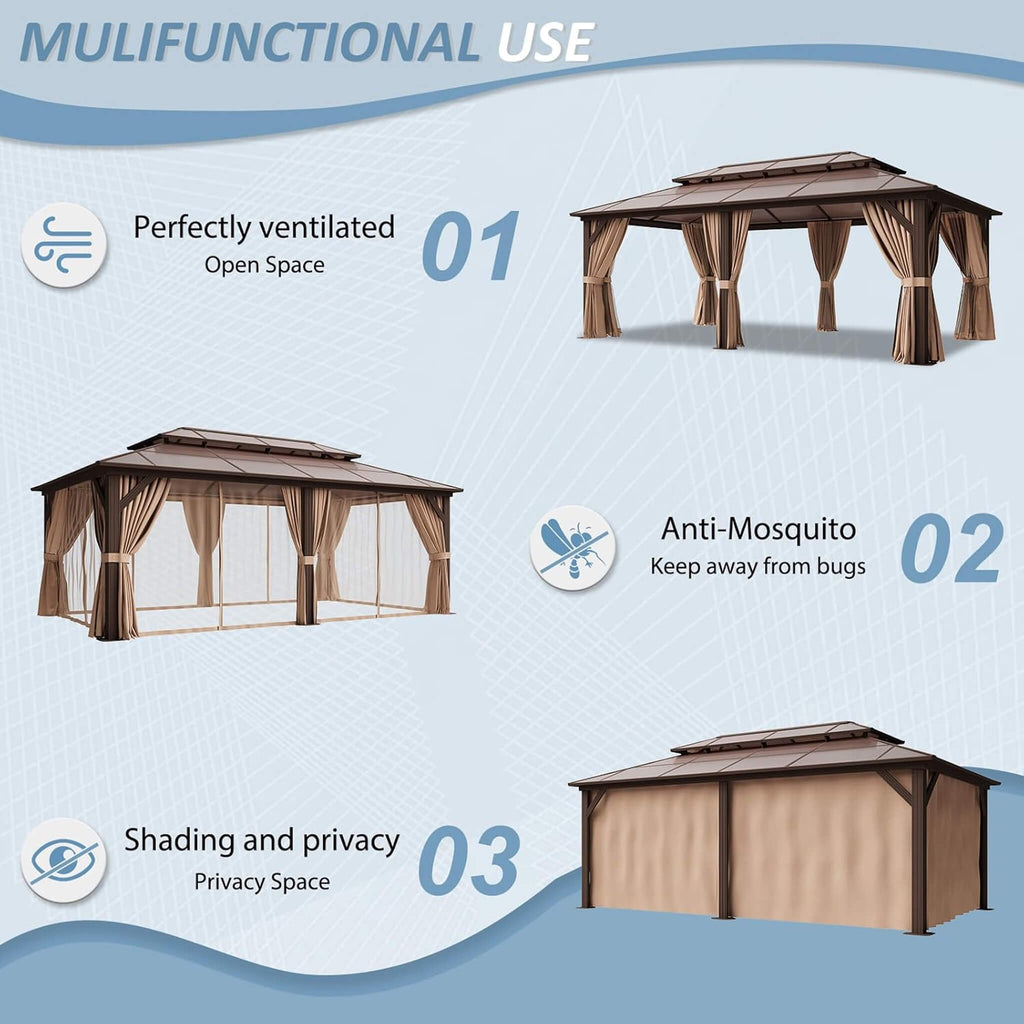12x20 FT Premium Hardtop Gazebo – Outdoor Aluminum Shelter with Curtains & Netting