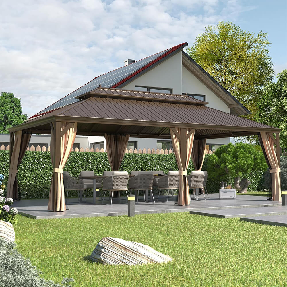 14x24 FT Heavy-Duty Gazebo – Double Roof Hardtop with Aluminum Frame, Curtains & Netting