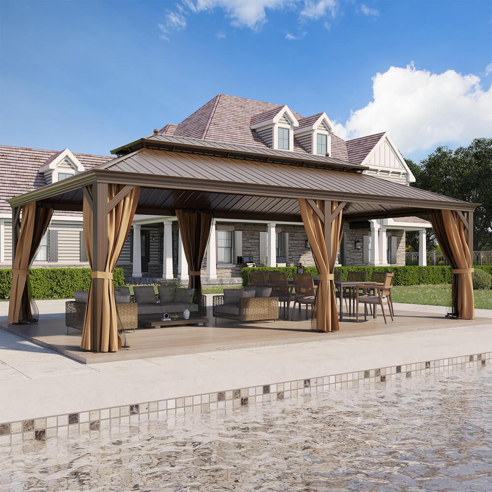 14x24 FT Heavy-Duty Gazebo – Double Roof Hardtop with Aluminum Frame, Curtains & Netting