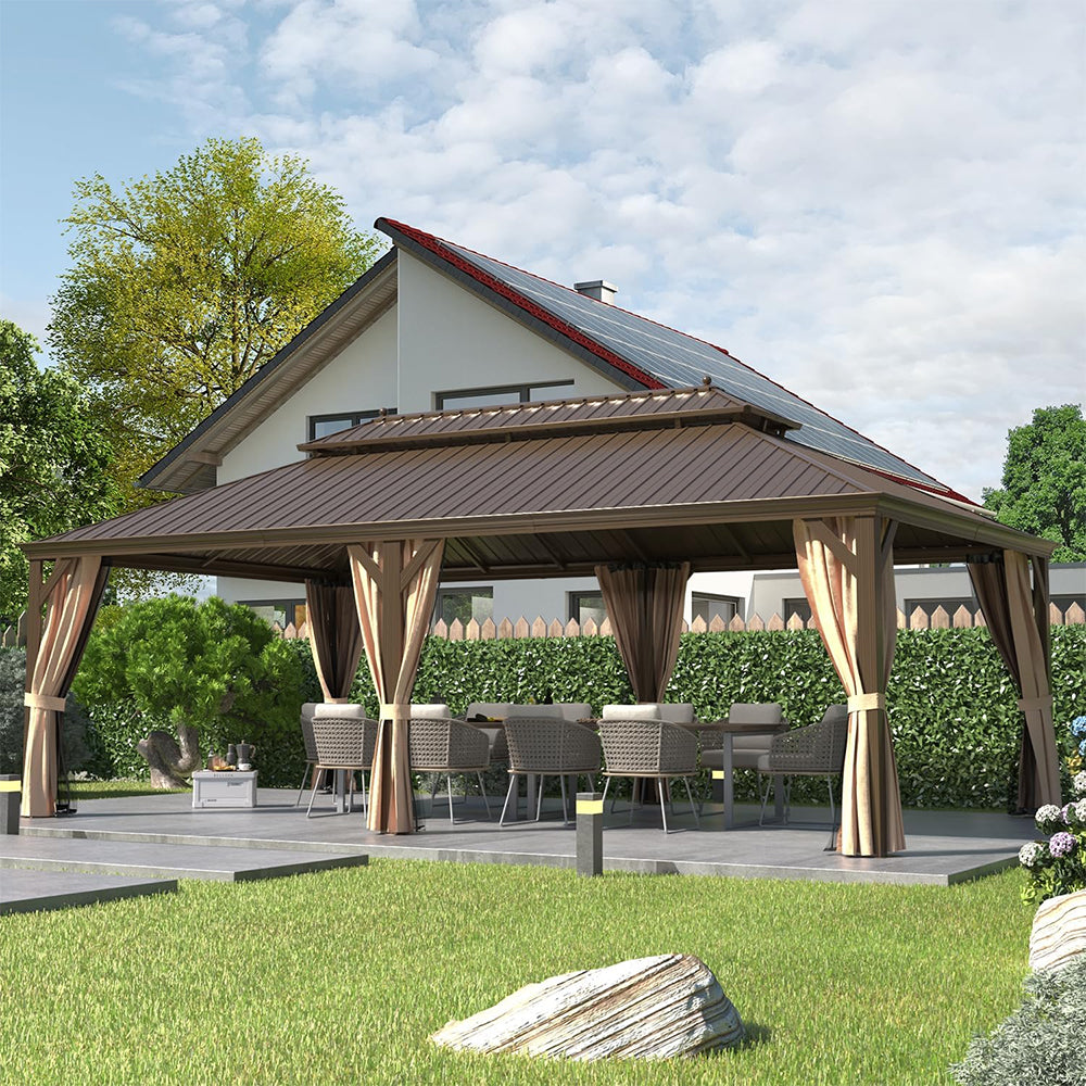 14x24 FT Heavy-Duty Gazebo – Double Roof Hardtop with Aluminum Frame, Curtains & Netting