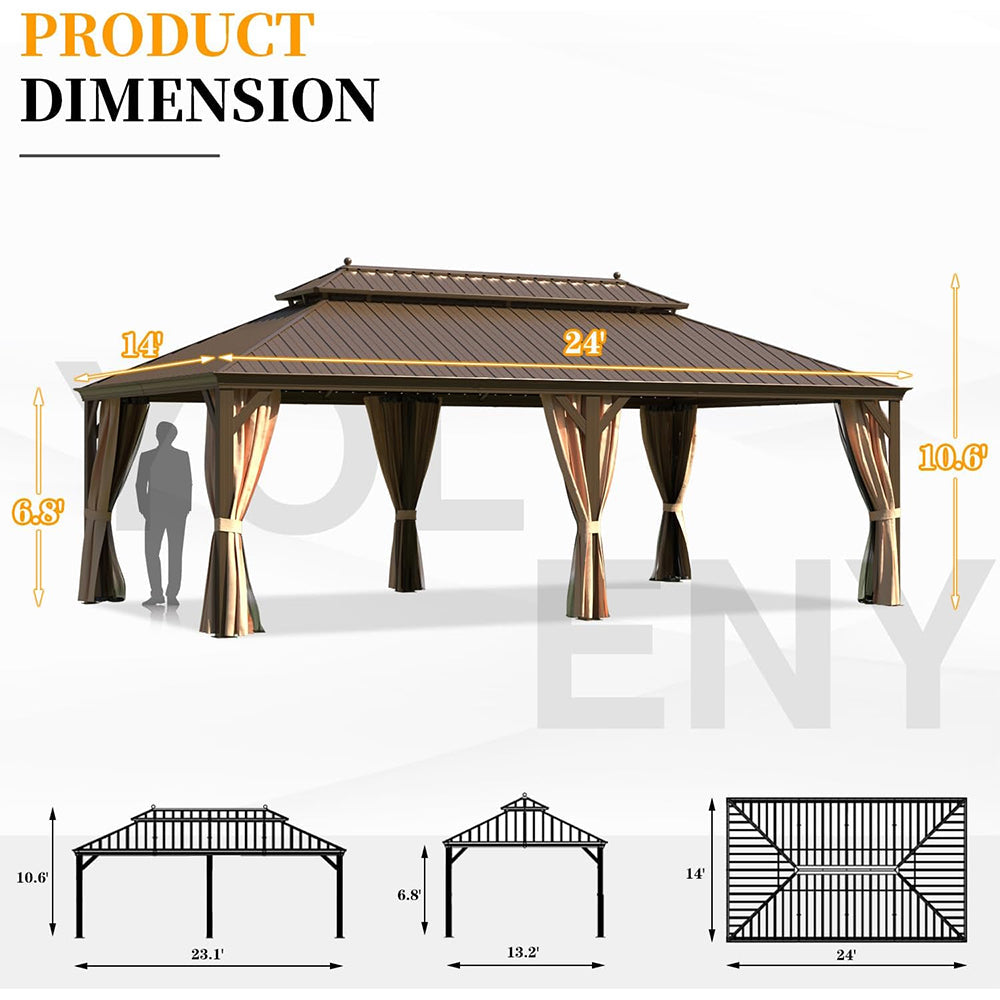 14x24 FT Heavy-Duty Gazebo – Double Roof Hardtop with Aluminum Frame, Curtains & Netting
