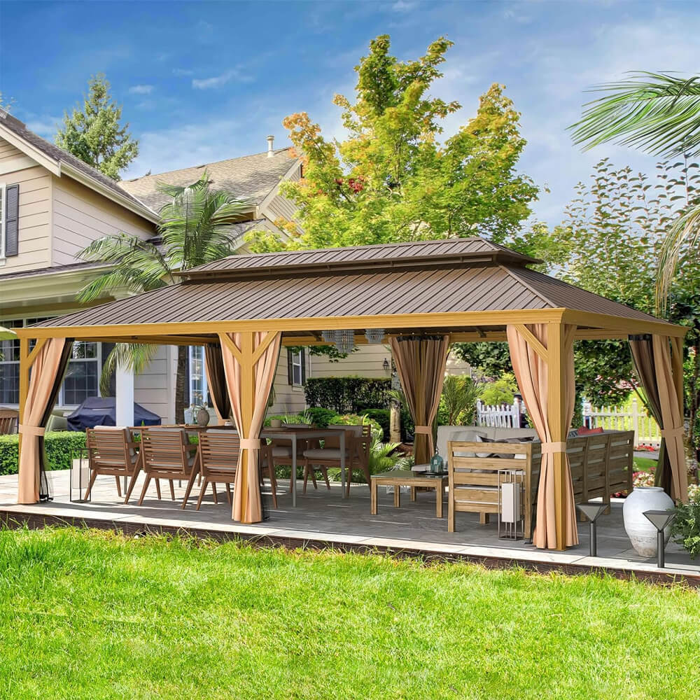 14x24 FT Heavy-Duty Gazebo – Double Roof Hardtop with Aluminum Frame, Curtains & Netting