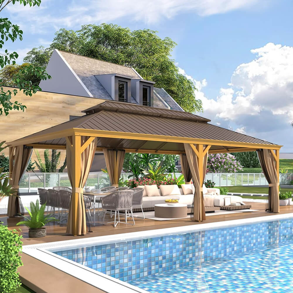 14x24 FT Heavy-Duty Gazebo – Double Roof Hardtop with Aluminum Frame, Curtains & Netting