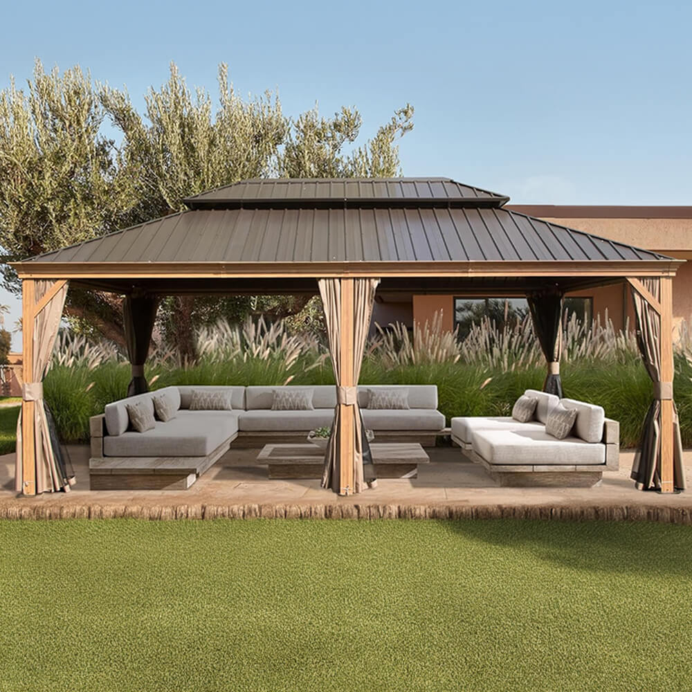 14x24 FT Heavy-Duty Gazebo – Double Roof Hardtop with Aluminum Frame, Curtains & Netting