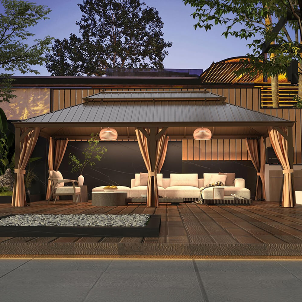 14x24 FT Heavy-Duty Gazebo – Double Roof Hardtop with Aluminum Frame, Curtains & Netting