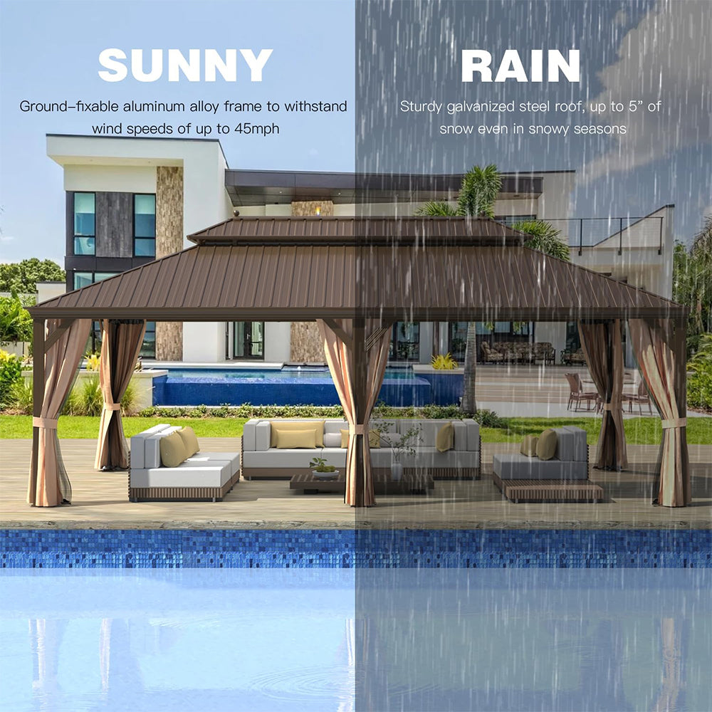 14x24 FT Heavy-Duty Gazebo – Double Roof Hardtop with Aluminum Frame, Curtains & Netting