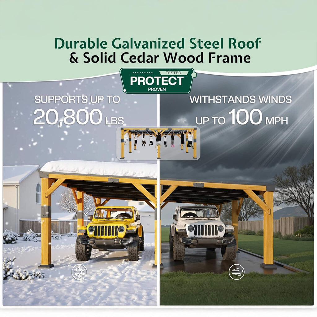 20x20 FT Alora Heavy-Duty Carport – Cedar Frame & Galvanized Steel Roof for All-Weather Protection