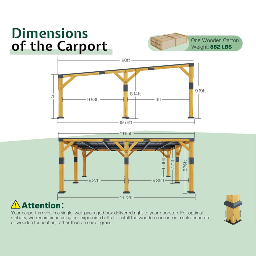 20x20 FT Alora Heavy-Duty Carport – Cedar Frame & Galvanized Steel Roof for All-Weather Protection