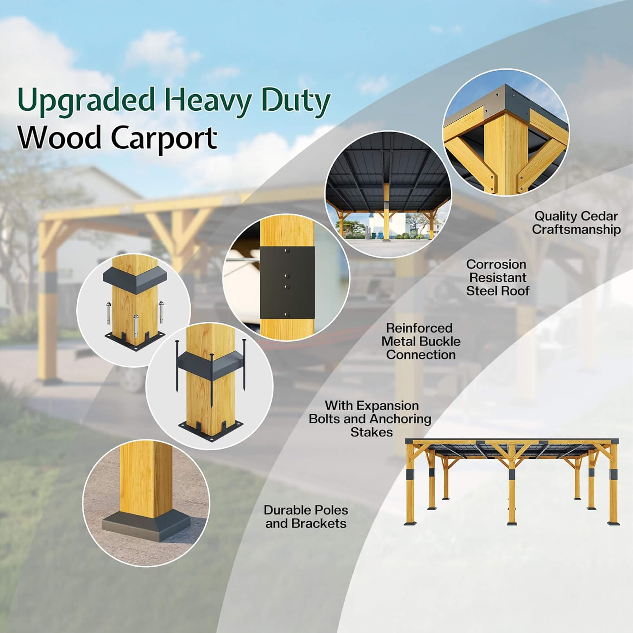 20x20 FT Alora Heavy-Duty Carport – Cedar Frame & Galvanized Steel Roof for All-Weather Protection