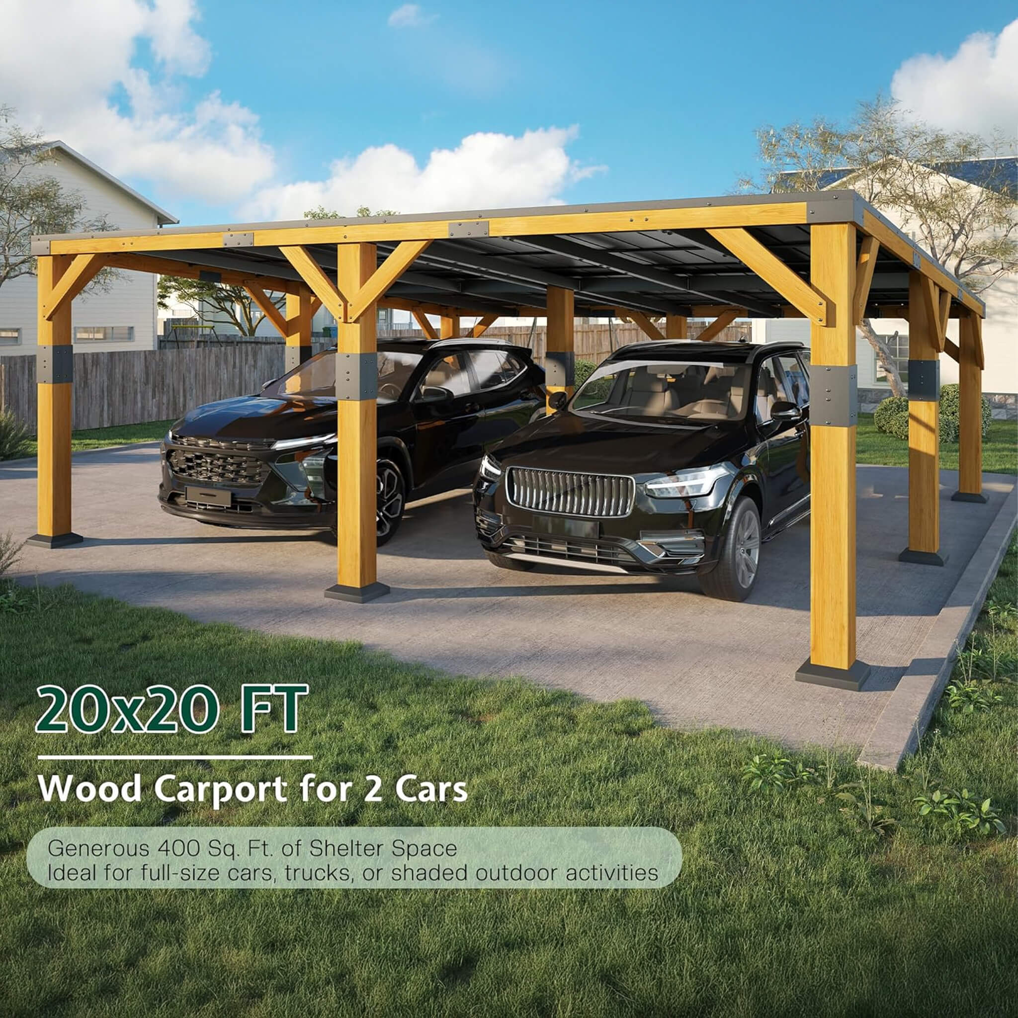 20x20 FT Alora Heavy-Duty Carport – Cedar Frame & Galvanized Steel Roof for All-Weather Protection