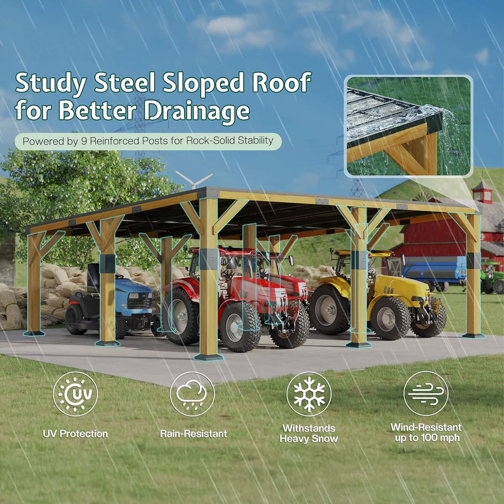 20x20 FT Alora Heavy-Duty Carport – Cedar Frame & Galvanized Steel Roof for All-Weather Protection