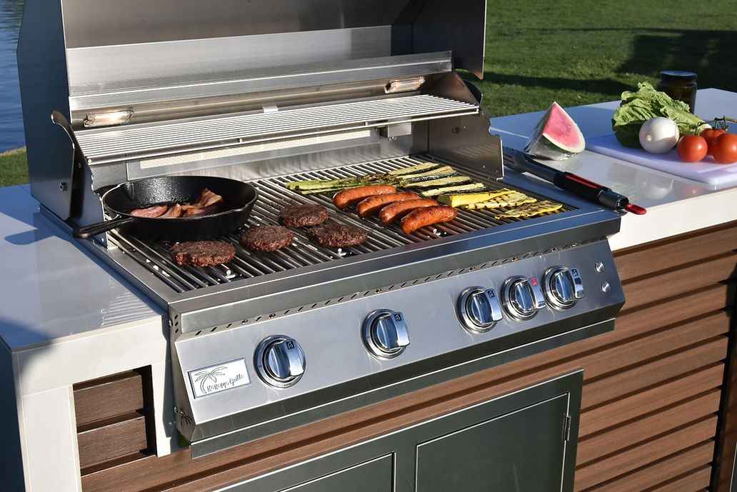 KoKoMo Outdoor Kitchen Island with Waterfall Edge – 32” Built-In Grill