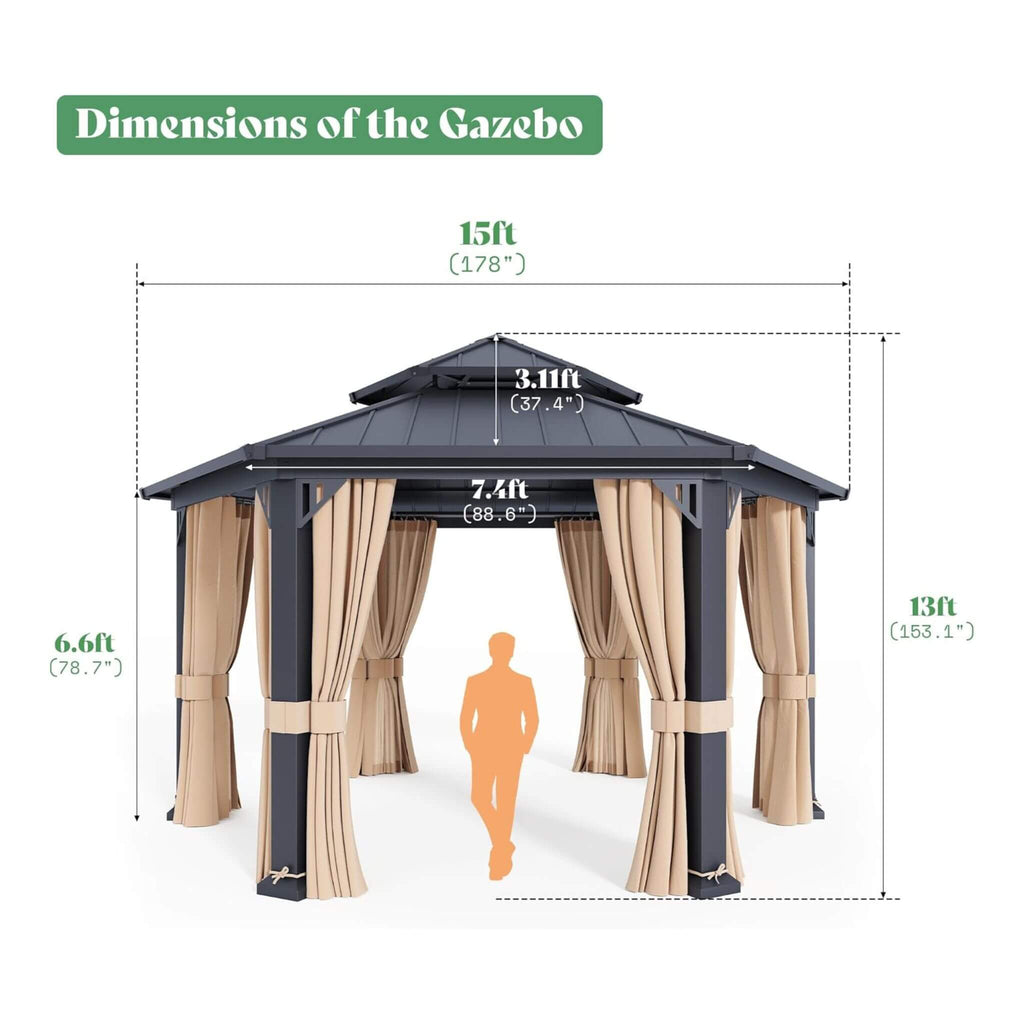 13x15 FT Hexagonal Hardtop Gazebo – Outdoor Patio Shelter with Curtains & Mosquito Netting