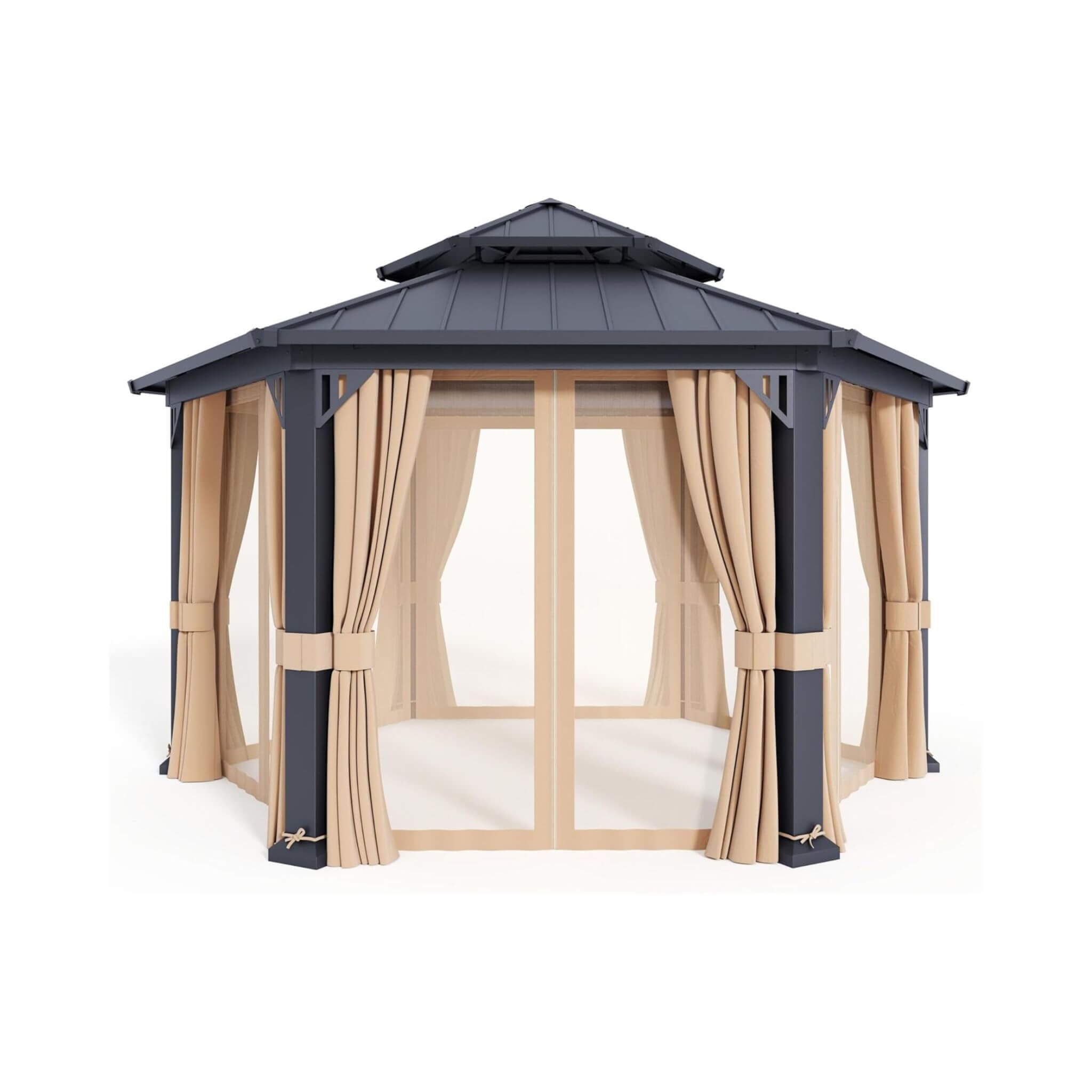 13x15 FT Hexagonal Hardtop Gazebo – Outdoor Patio Shelter with Curtains & Mosquito Netting