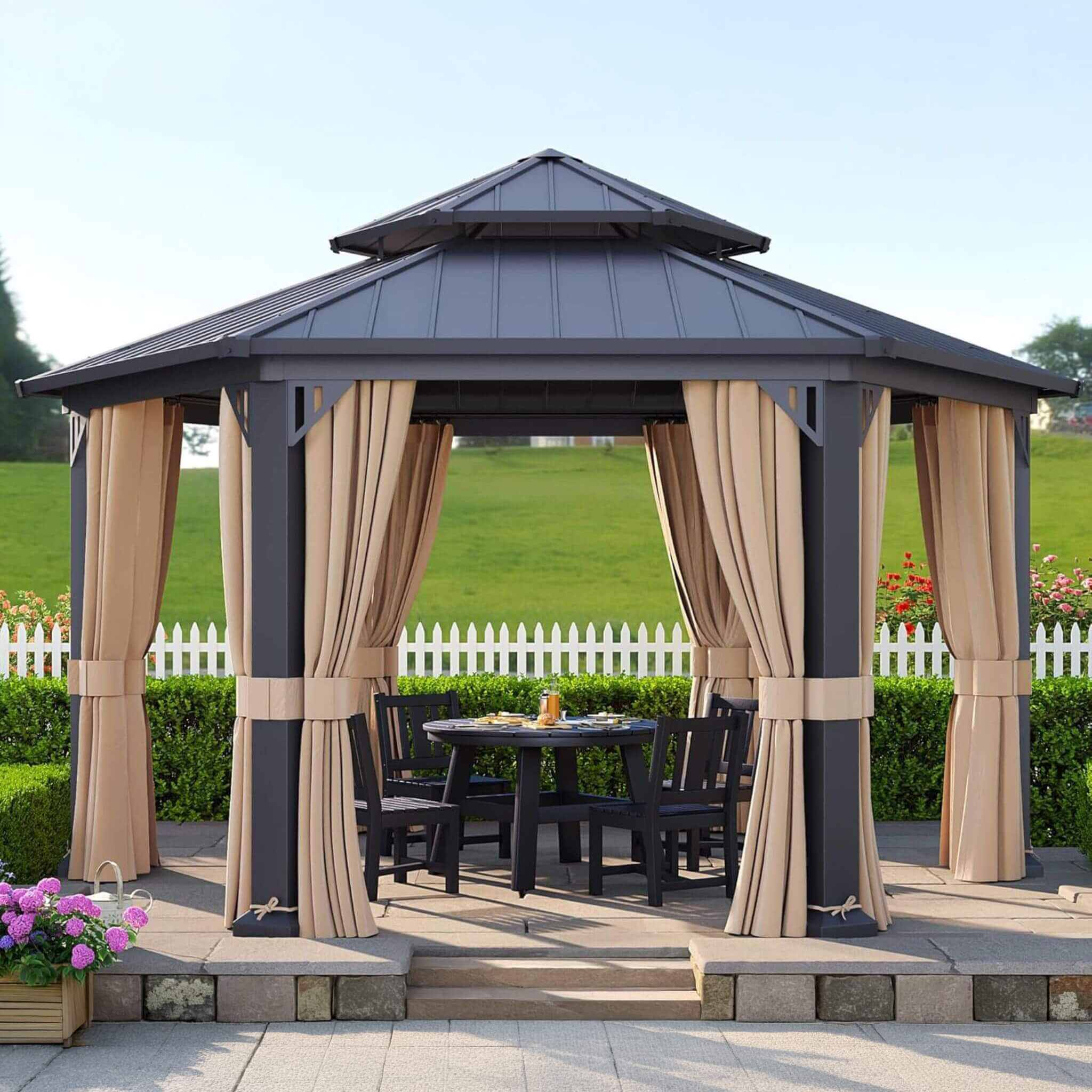 13x15 FT Hexagonal Hardtop Gazebo – Outdoor Patio Shelter with Curtains & Mosquito Netting