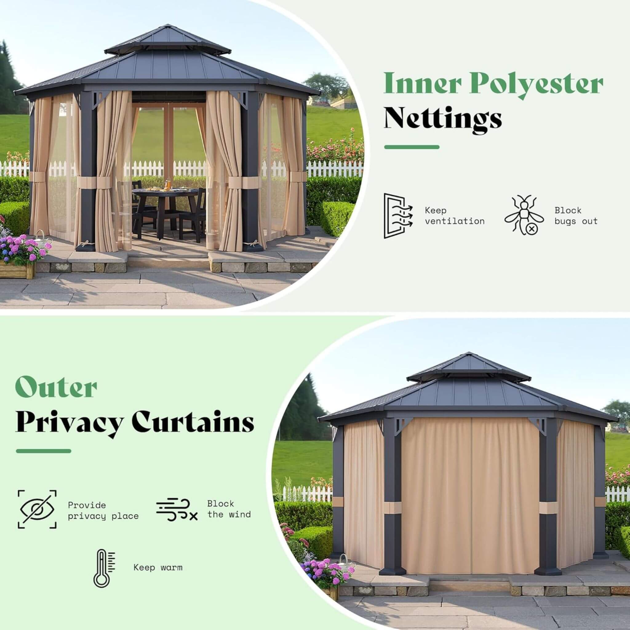13x15 FT Hexagonal Hardtop Gazebo – Outdoor Patio Shelter with Curtains & Mosquito Netting
