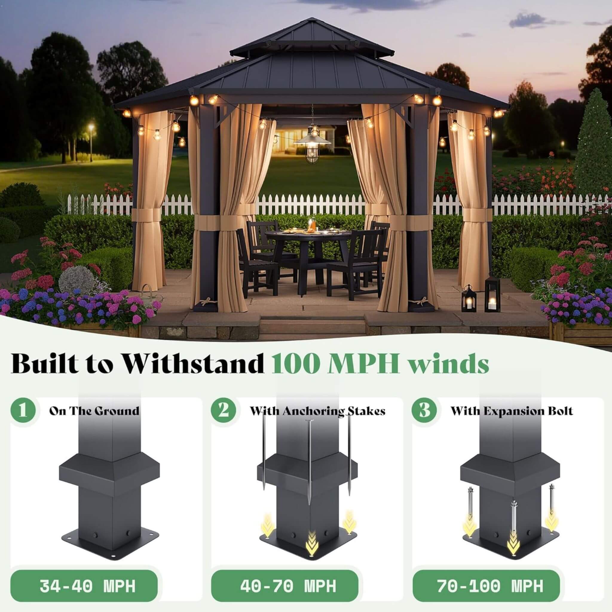 13x15 FT Hexagonal Hardtop Gazebo – Outdoor Patio Shelter with Curtains & Mosquito Netting