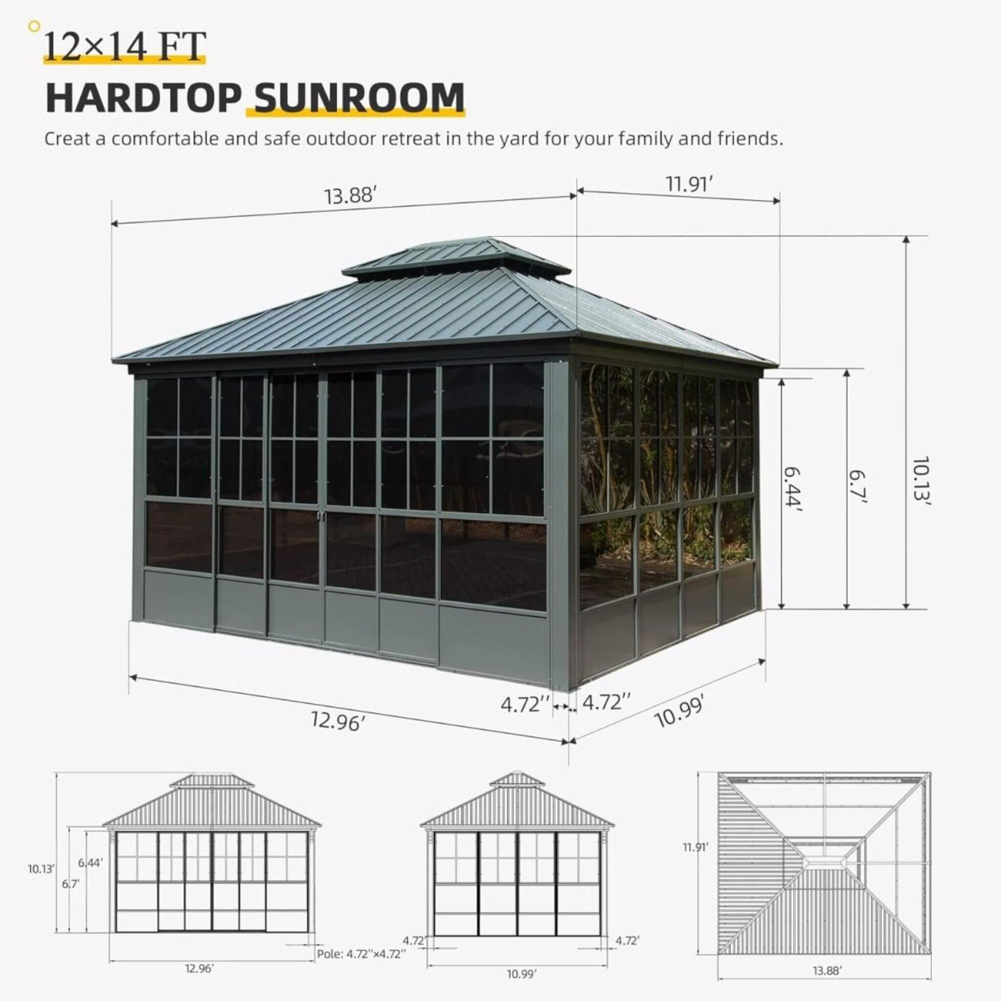12x14 FT All-Season Sunroom – Aluminum Outdoor Enclosure with Double Roof