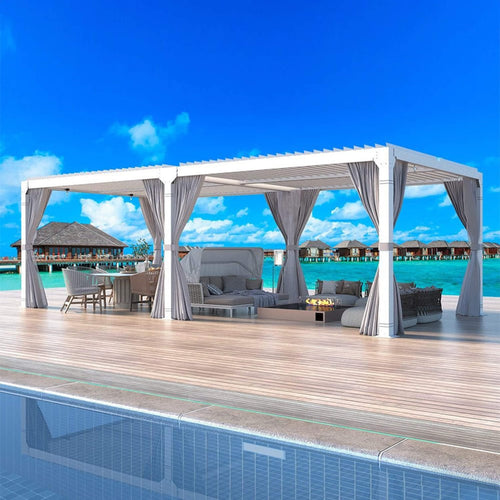 12x20 FT Adjustable Roof Pergola – Aluminum Hardtop Outdoor Shelter with Curtains