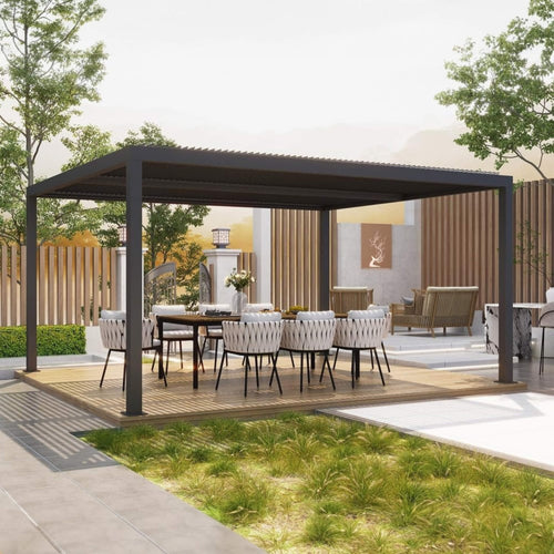12x16 FT Adjustable Roof Pergola – Aluminum Outdoor Gazebo with Curtains & Drainage
